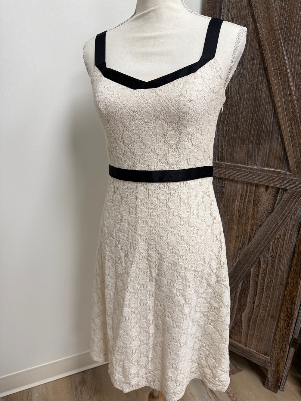 LOFT Cream Lace Midi Dress with Black Accents